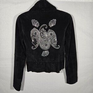 Y2K Vintage SHERI BODELL Black Suede Embroidery Peplum Hem JACKET Women's Size S